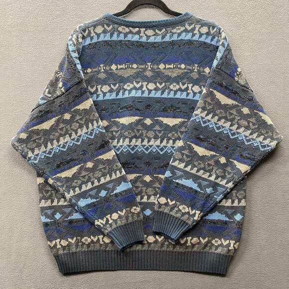 Vtg Pronto Uomo Wool Blend Sweater Mens XL Blue Gray Geometric Striped Italy - Picture 2 of 11
